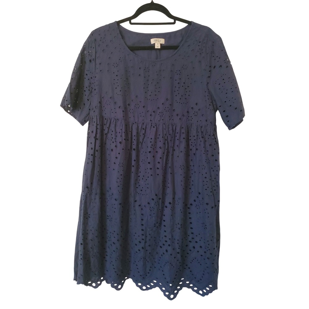 Style & Co Navy Blue Eyelet‎ Babydoll Dress Short Sleeve Women's Medium Bohemian